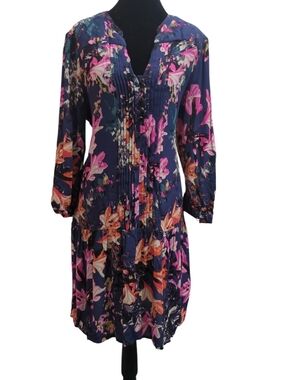 Anthropologie Maeve Floral Pintuck Drop Waist Dress Medium Boho Romantic Cottage